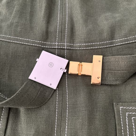 Tory Burch Nadia Dress Green Linen Short Sleeve Size 6 Belted Lined Zip Green - Picture 4 of 13